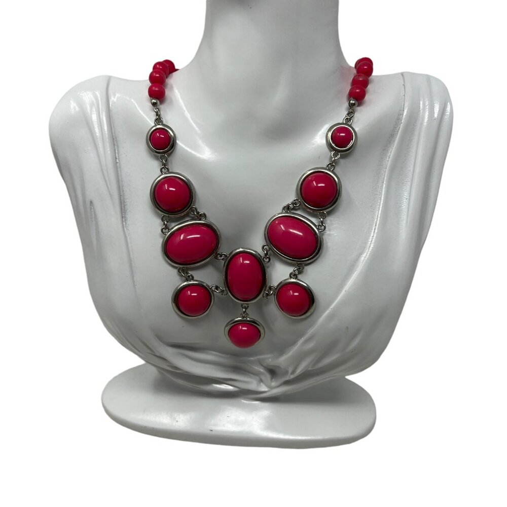 Pink Bubble Necklace Bib Statement Fashion Choker Collar Fuscia Silver Tone‎